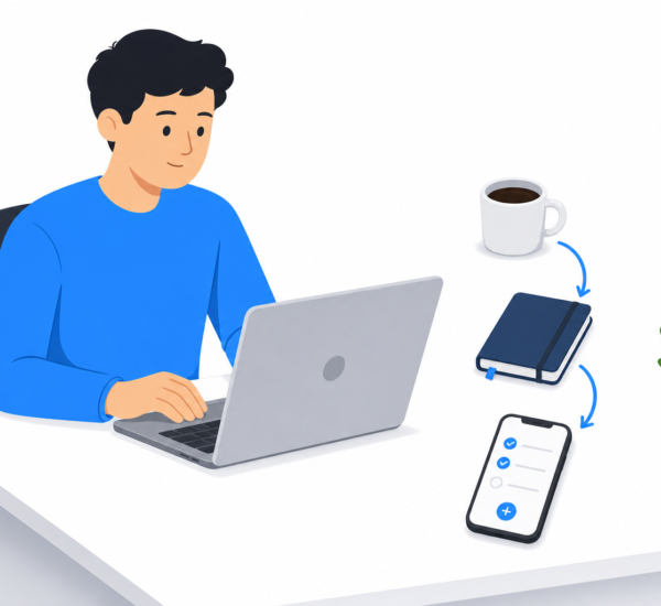 Person at desk with a chain of objects representing habit stacking: coffee cup, notebook, and smartphone task list linked together