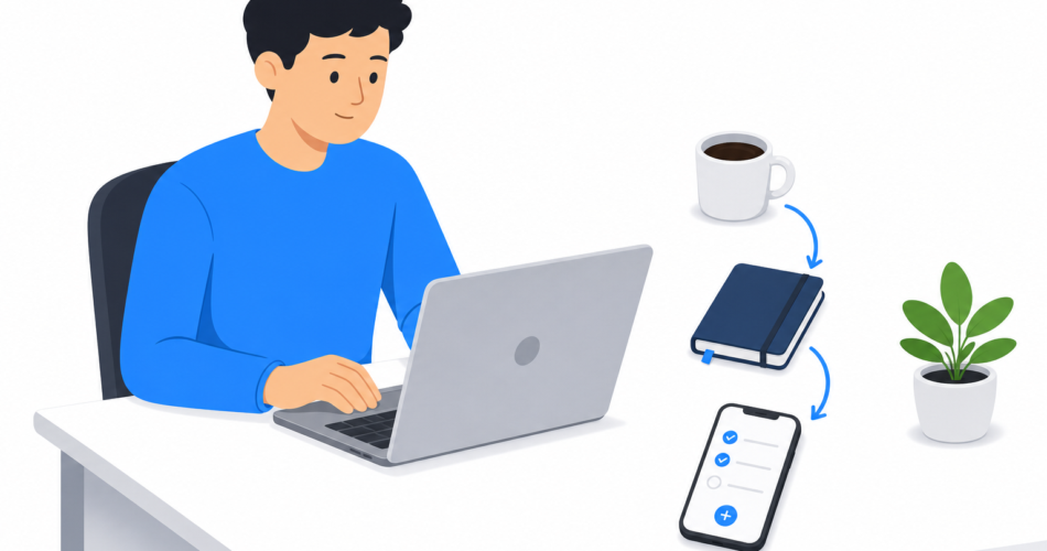 Person at desk with a chain of objects representing habit stacking: coffee cup, notebook, and smartphone task list linked together