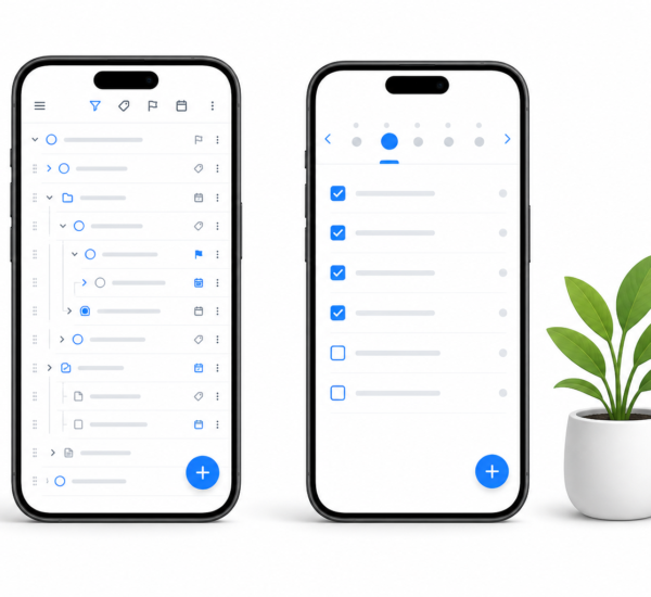 OmniFocus vs Any.do comparison showing power-user task manager versus modern daily planner on two phones