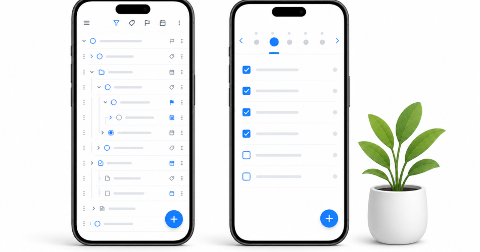 OmniFocus vs Any.do comparison showing power-user task manager versus modern daily planner on two phones