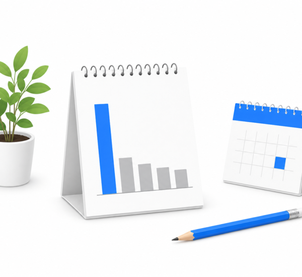 Desk with notepad showing 80/20 bar chart representing the Pareto Principle applied to productivity and task management