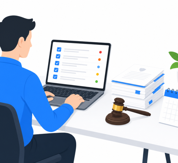 Lawyer at desk managing court deadlines, client tasks, and casework with a task management app