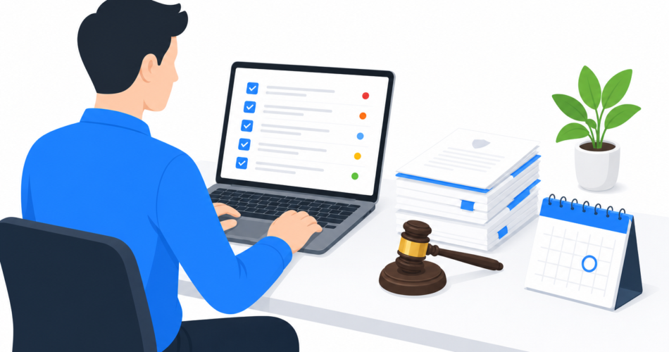 Lawyer at desk managing court deadlines, client tasks, and casework with a task management app