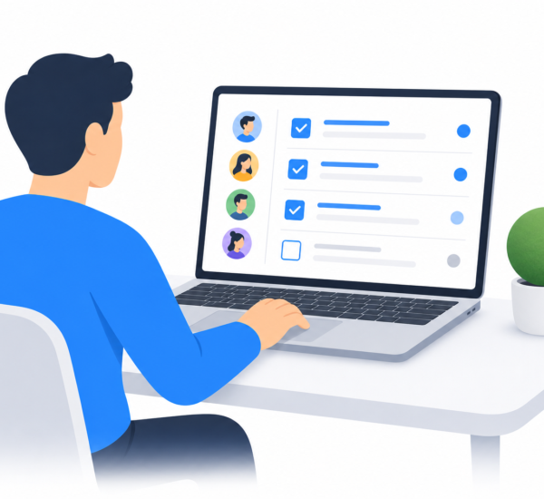 Person at desk managing shared task list with remote team members, showing task management for remote teams