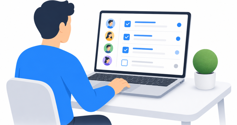 Person at desk managing shared task list with remote team members, showing task management for remote teams