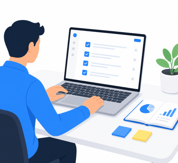 Small business owner at desk managing daily operations and growth projects with a task management app