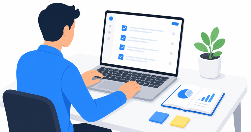 Small business owner at desk managing daily operations and growth projects with a task management app