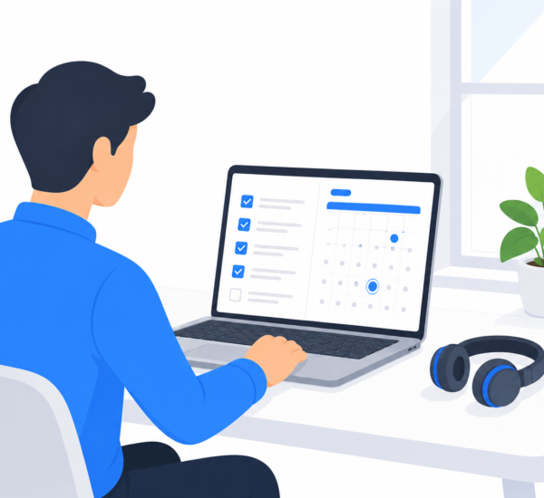 Person at a minimal home desk setup with laptop, headphones, and a task management app open, representing work from home productivity