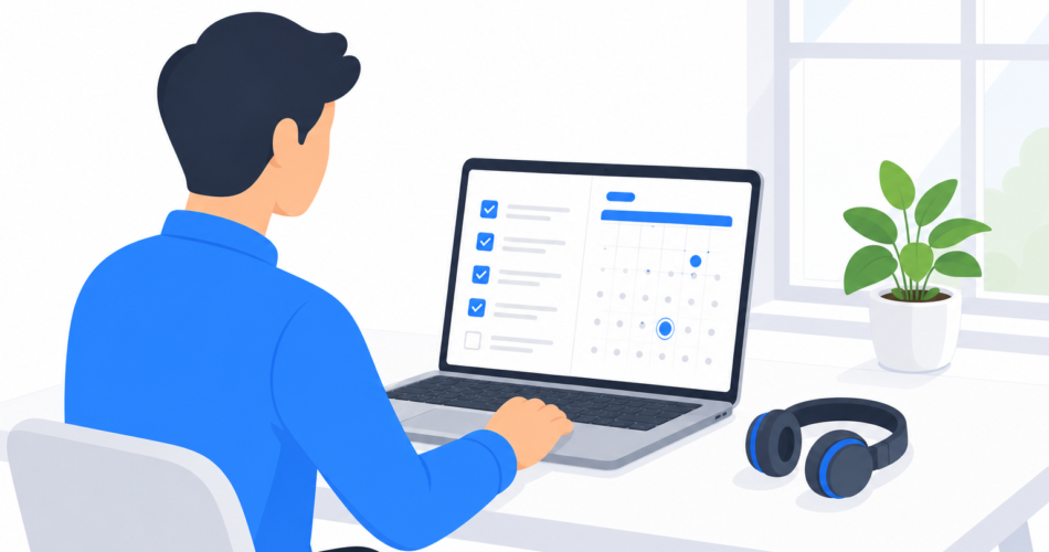 Person at a minimal home desk setup with laptop, headphones, and a task management app open, representing work from home productivity