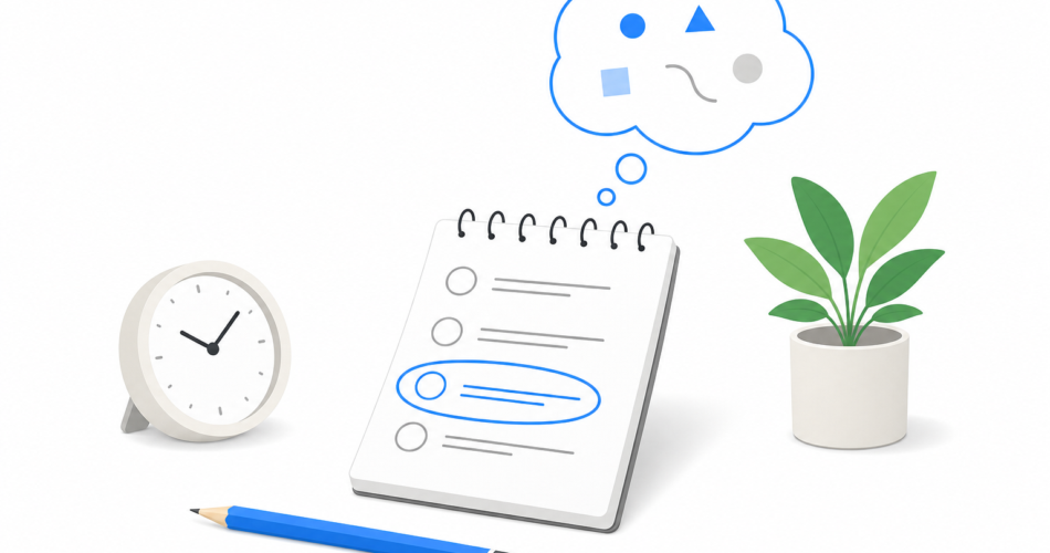 Notepad with an incomplete task and a thought bubble, representing the Zeigarnik Effect where unfinished tasks stay in your mind